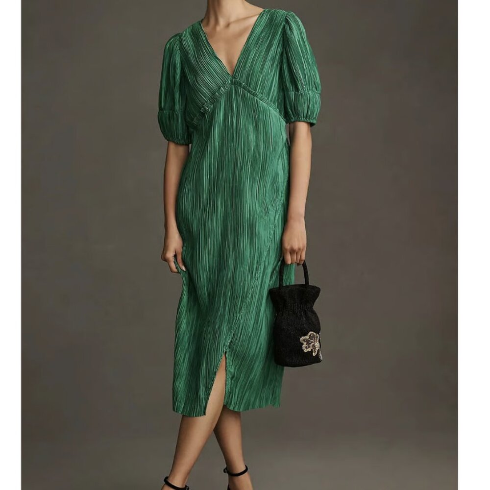 Anthropologie V-Neck Pleated Slim Midi Dress | Green | Size S